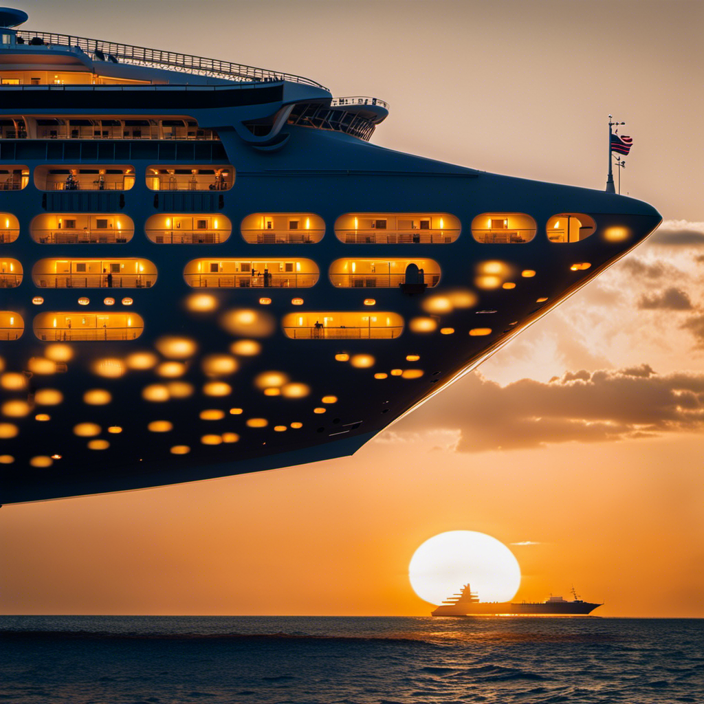 An image showcasing the majestic silhouette of a modern Royal Princess cruise ship, illuminated by a golden sunset