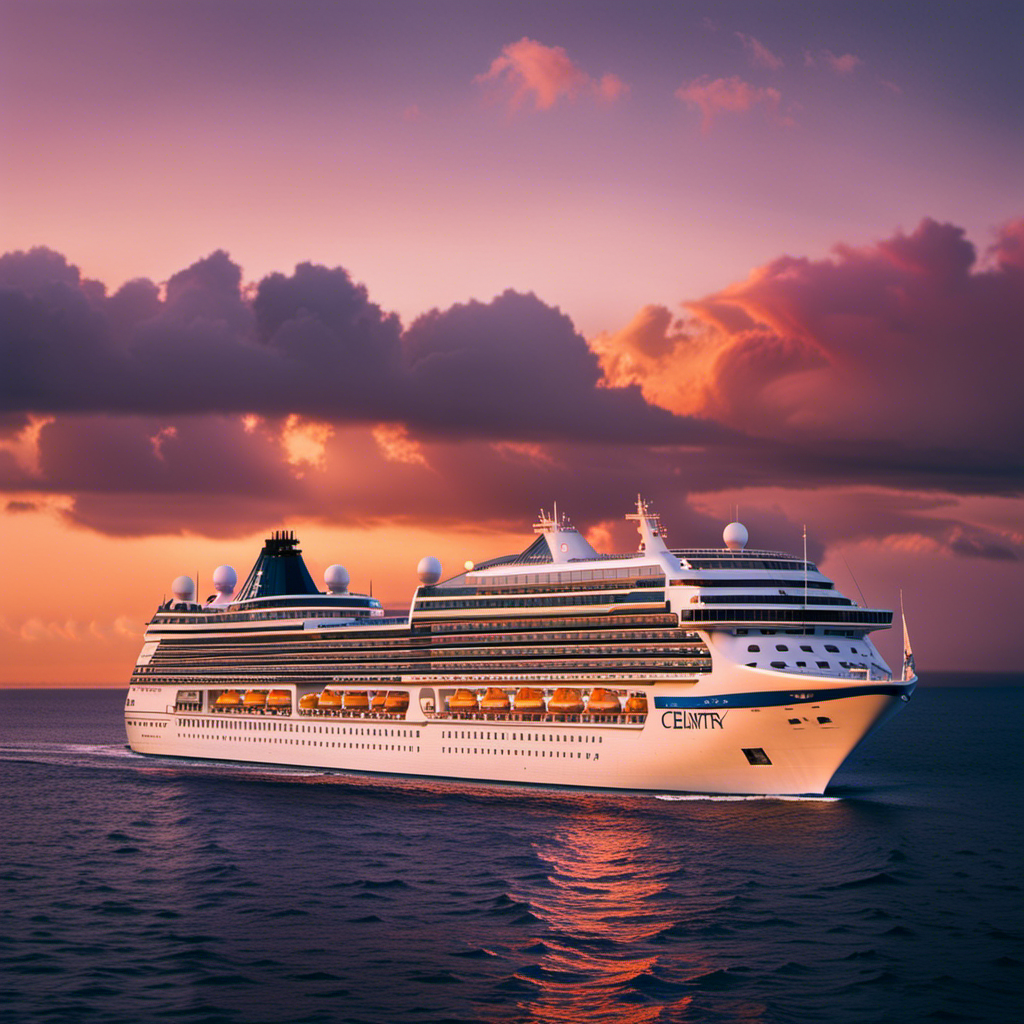 An image showcasing the iconic Celebrity Century cruise ship sailing towards a vibrant horizon, as it transforms into a majestic vessel with Chinese-inspired elements, symbolizing the thrilling transition following its acquisition by a prominent Chinese travel company