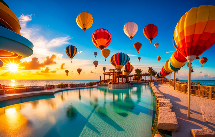 An image capturing the vibrant essence of CocoCay: A thrilling water slide spiraling down a turquoise lagoon, sunbathers lounging on pristine white sands, and tropical cocktails garnished with colorful umbrellas