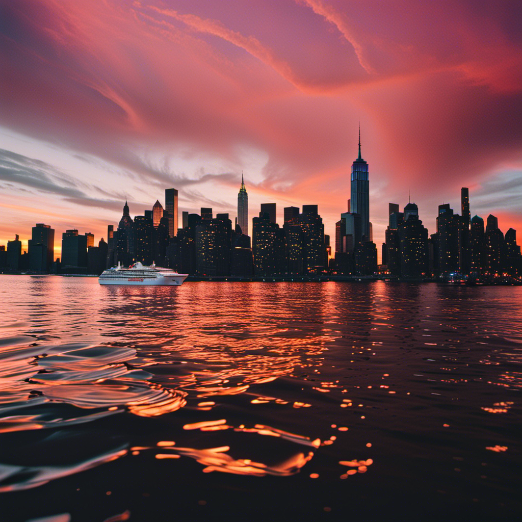 An image showcasing a vibrant sunset over New York's iconic skyline, with a luxurious cruise ship docked at the harbor