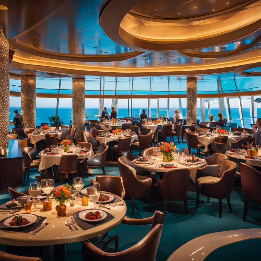 An image capturing the vibrant ambiance of Oasis of the Seas' test cruise: showcasing guests indulging in delectable cuisine at a chic restaurant while animatedly participating in thrilling activities like rock climbing and surfing