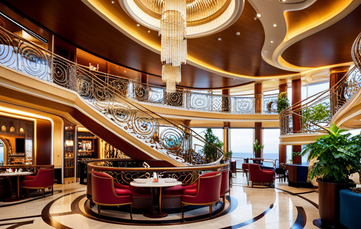 An image showcasing a vibrant onboard restaurant on a Norwegian Cruise Line ship, adorned with elegant chandeliers, a grand staircase leading to a mezzanine, and guests enjoying a sophisticated dining experience