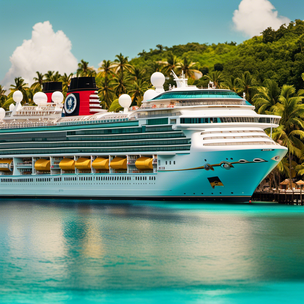 An image showcasing a majestic Disney cruise ship sailing through crystal-clear turquoise waters, passing by breathtaking tropical islands with palm-fringed beaches and vibrant coral reefs, hinting at the thrilling new itineraries and destinations awaiting Disney cruise enthusiasts