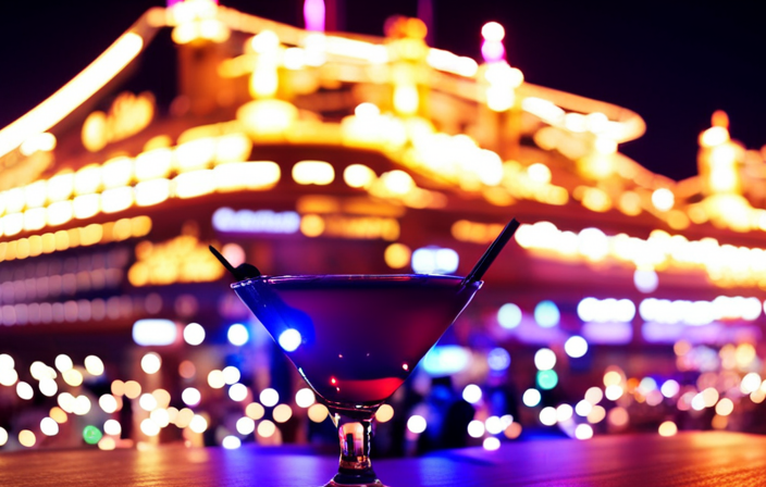 An image featuring a vibrant cruise ship deck at night, adorned with twinkling colorful lights, lively music blaring from the open-air bar, guests laughing and enjoying cocktails, and a dazzling stage showcasing a thrilling live performance