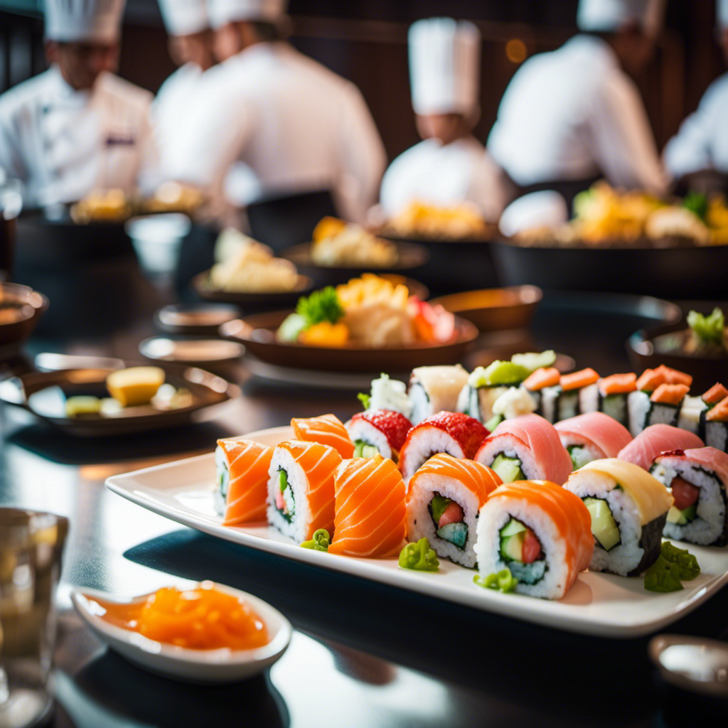 an image showcasing the awe-inspiring culinary wonders aboard Royal Caribbean's Icon: vibrant chefs expertly crafting intricate sushi rolls while diners marvel at the stunning ocean backdrop and savor each delectable bite