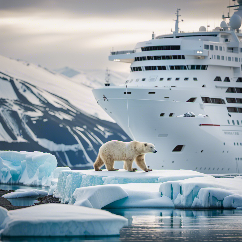 An image showcasing Silversea's thrilling new expedition voyages: a majestic polar bear standing on an ice-covered cliff, overlooking a vast icy wilderness, with a Silversea ship sailing in the distance