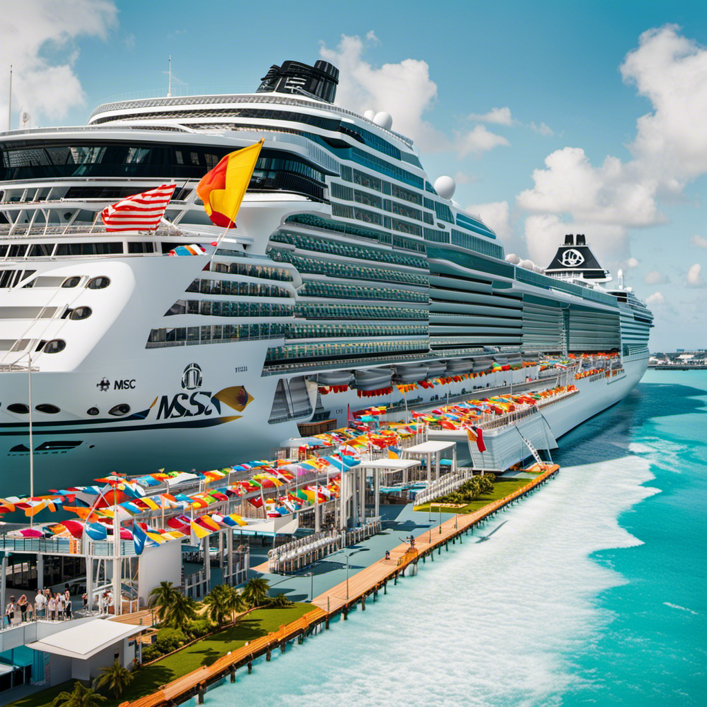 An image showcasing the vibrant collaboration between MSC Cruises and PortMiami: a sleek, modern terminal standing tall against a backdrop of azure waters, adorned with colorful flags, bustling with excited passengers, and a magnificent cruise ship ready to embark on a thrilling journey