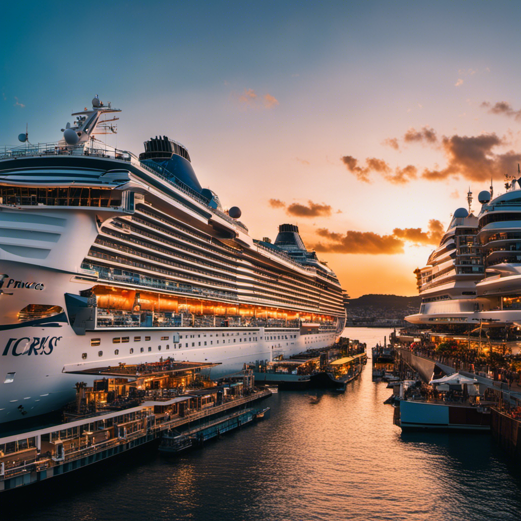An image of a bustling harbor at sunrise, with a magnificent cruise ship adorned in vibrant colors and dazzling lights, as excited passengers stream on board, ready to embark on an unforgettable adventure with Princess Cruises