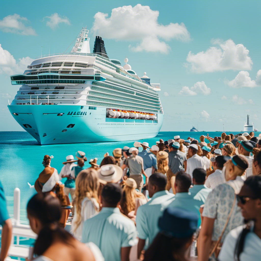An image of a vibrant turquoise ocean, adorned with a majestic Bahamas Paradise Cruise Line ship in the foreground, surrounded by enthusiastic passengers engaging in thrilling onboard activities, under a clear blue sky