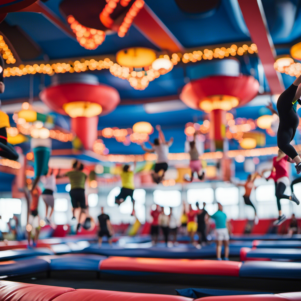 the exhilarating experience of Carnival Panorama's trampoline park: a kaleidoscope of vibrant jumpers defying gravity, soaring through the air, their faces beaming with joy as they bounce against a backdrop of stunning ocean views