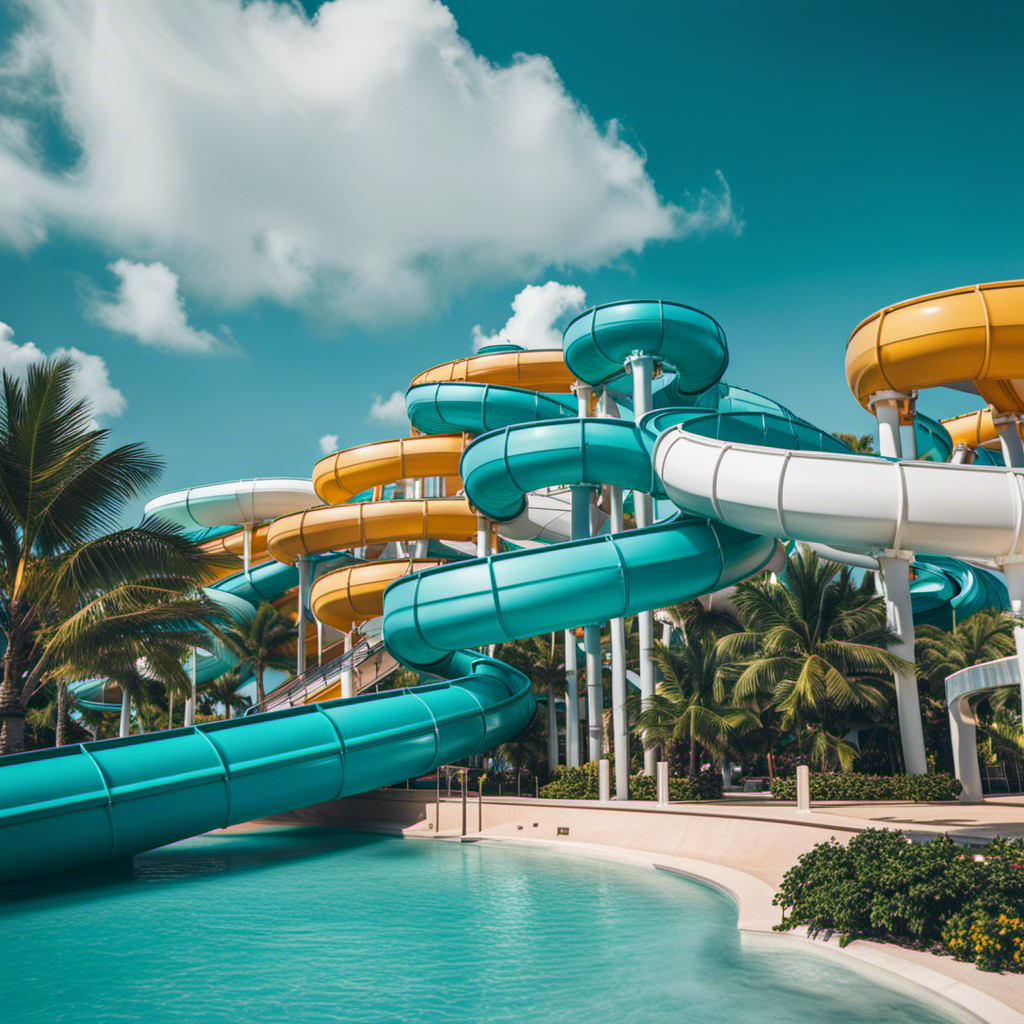 An image showcasing the sleek, newly added water slides, towering above the sparkling turquoise waters of the Bahamas