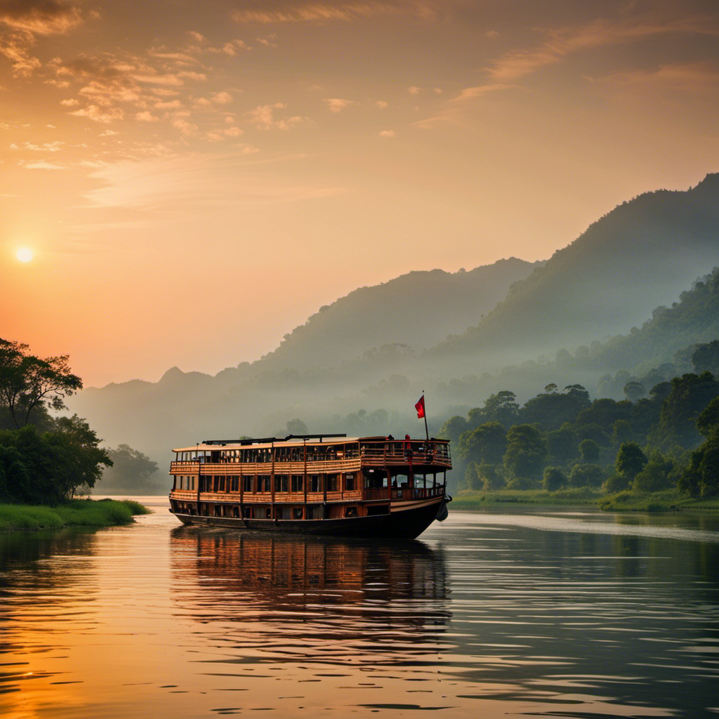 An image showcasing the serene beauty of Myanmar's river cruise, with a picturesque sunset backdrop casting a warm glow on the traditional teak boat, surrounded by lush greenery and misty mountains