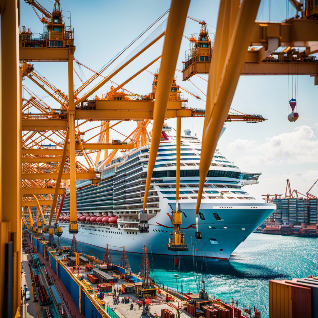 An image capturing the grandeur of the Carnival Vista construction site: towering cranes reaching into the sky, bustling workers assembling the ship's gleaming structure, and a backdrop of vibrant blue ocean promising endless adventures