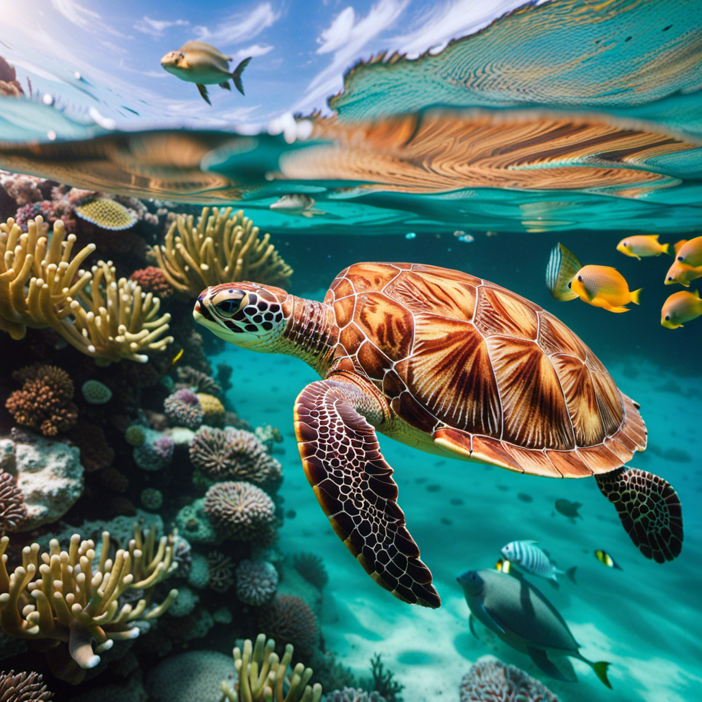 An image capturing the vibrant hues of a Caribbean coral reef, where a majestic sea turtle gracefully glides above a kaleidoscope of tropical fish, while a dazzling stingray elegantly dances through the crystal-clear turquoise waters