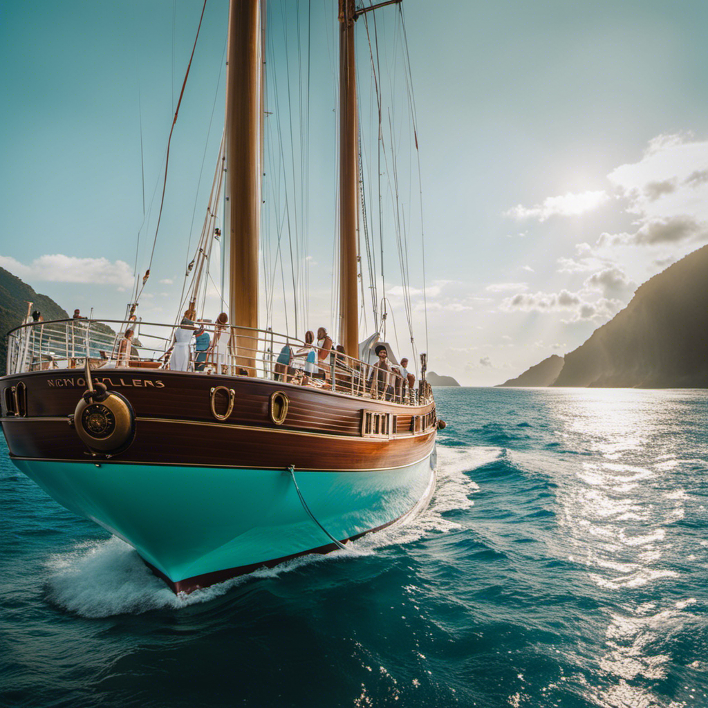 the allure of adventure and opulence on a luxury sailing ship, as it glides through turquoise waters towards exotic destinations