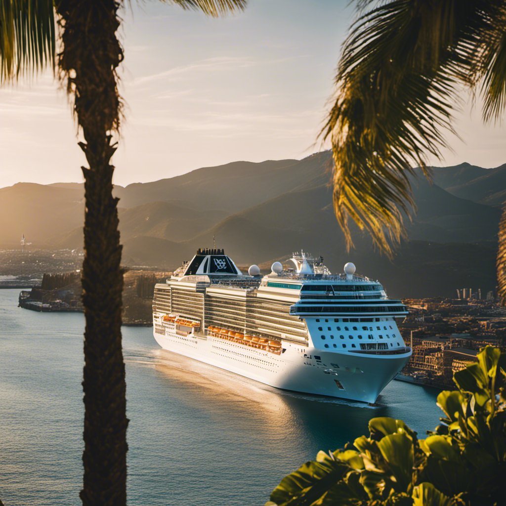 An image showcasing a vibrant MSC cruise ship docked at a bustling US port, surrounded by diverse landscapes - from sun-kissed beaches and towering city skylines to lush greenery and historic landmarks