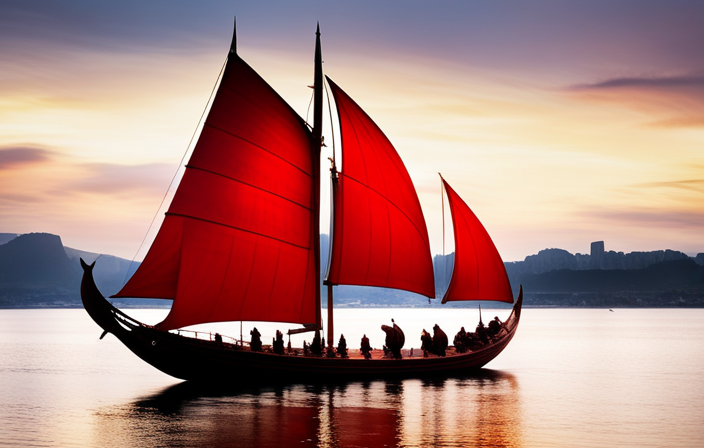 Ficent Viking longship, adorned with intricate dragon head carvings, gracefully glides down the tranquil Seine River