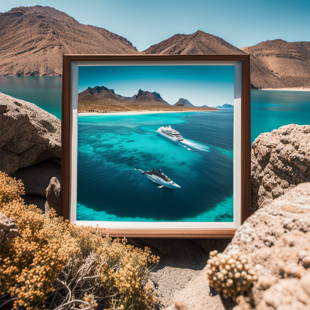 An image capturing the essence of a Sea of Cortez adventure: a majestic expedition cruise ship gliding through crystal-clear turquoise waters, framed by dramatic desert mountains and accompanied by playful dolphins