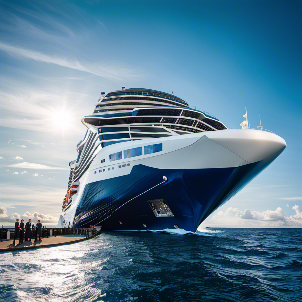 An image capturing the awe-inspiring moment when the sleek, state-of-the-art Celebrity Apex gracefully emerges from the ocean, its gleaming white hull contrasting against the vibrant blue sky, inviting you to embark on an unforgettable journey