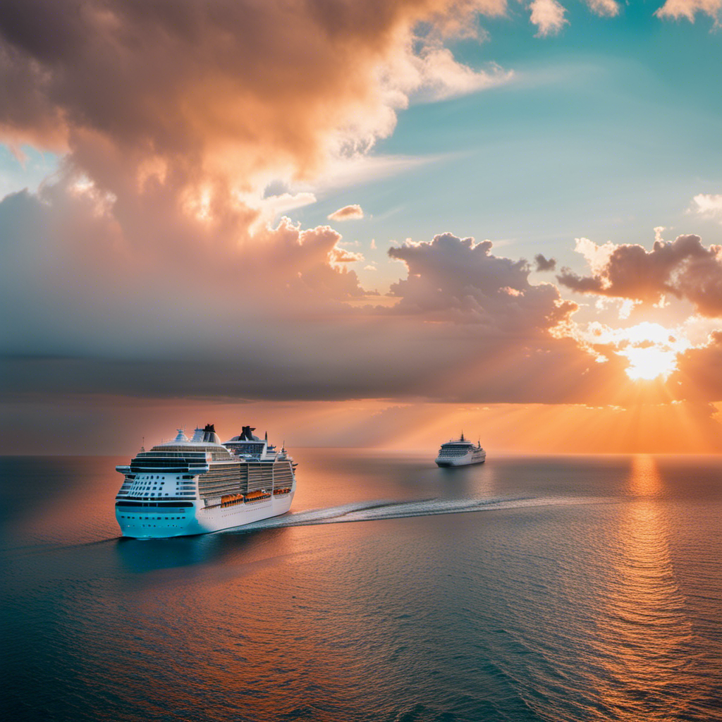 the essence of a magnificent cruise on the Wonder of the Seas: A vibrant sunset dips below the horizon, illuminating the ship's elegant silhouette as it glides through crystal-clear turquoise waters