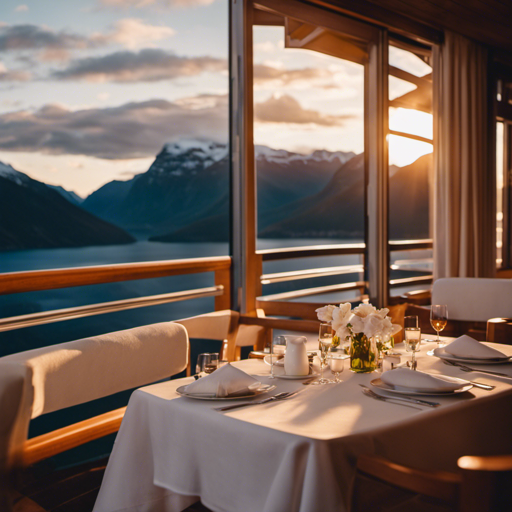 a serene sunset over the vast expanse of the pristine Norwegian fjords, while a cozy cabin onboard the affordable Norwegian Cruise Line awaits, adorned with crisp white linens and a private balcony overlooking the breathtaking scenery