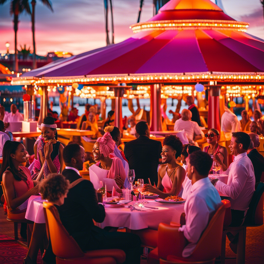 the vibrant essence of a Carnival Cruise with a lively image of diners indulging in a delectable feast, surrounded by dazzling show performers, while a breathtaking sunset paints the sky in hues of orange and pink