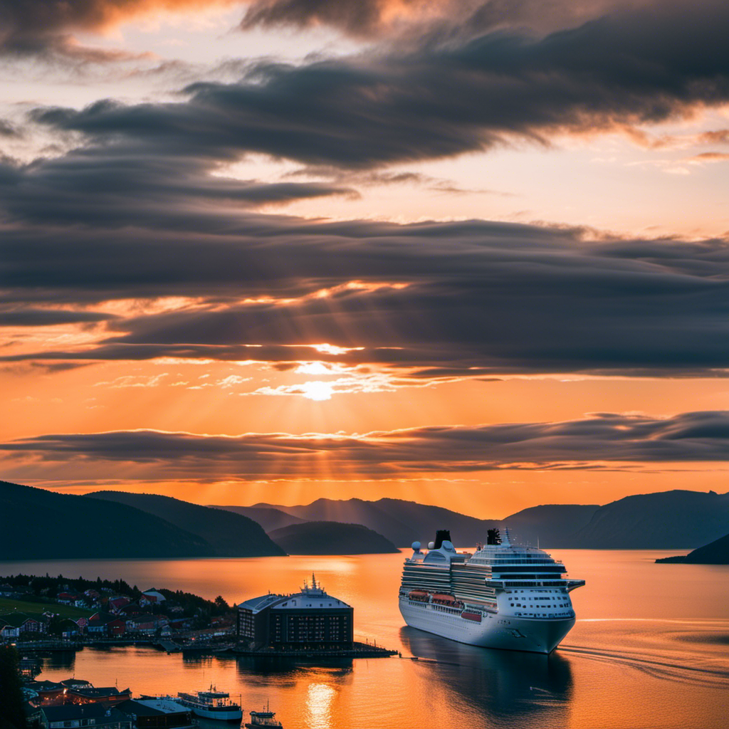 An image showcasing a mesmerizing sunset over the stunning Norwegian fjords, while a luxurious cruise ship sails gracefully amidst the tranquil waters, evoking a sense of adventure and the promise of an unforgettable Norwegian cruise experience