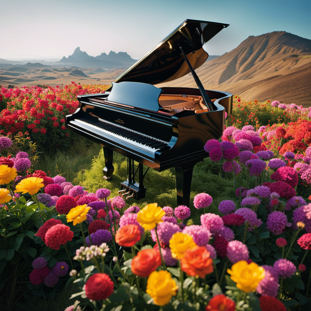 An image showcasing a grand piano, adorned with vibrant flowers, nestled amongst the breathtaking landscapes of Explora Journeys