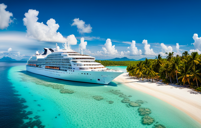 An image that showcases the epitome of sustainable luxury cruises by capturing a panoramic view of the Explora Journeys ship gliding through crystal-clear turquoise waters, surrounded by lush green islands and vibrant coral reefs