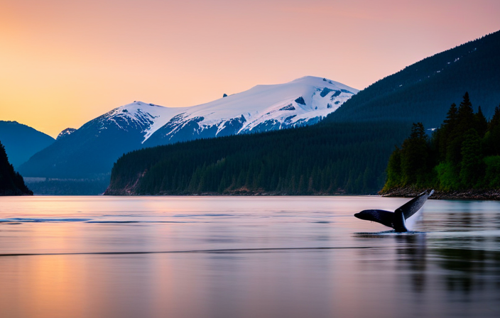 An image showcasing Juneau's awe-inspiring wilderness: a tranquil icy fjord lined with towering snow-capped mountains, surrounded by dense emerald forests, as a majestic humpback whale gracefully breaches the glassy surface