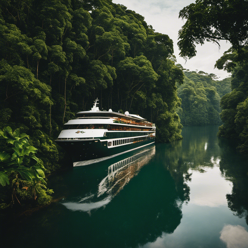 Anting rainforest scene unfolds as a luxurious cruise ship glides through the winding waterways of the Amazon Basin