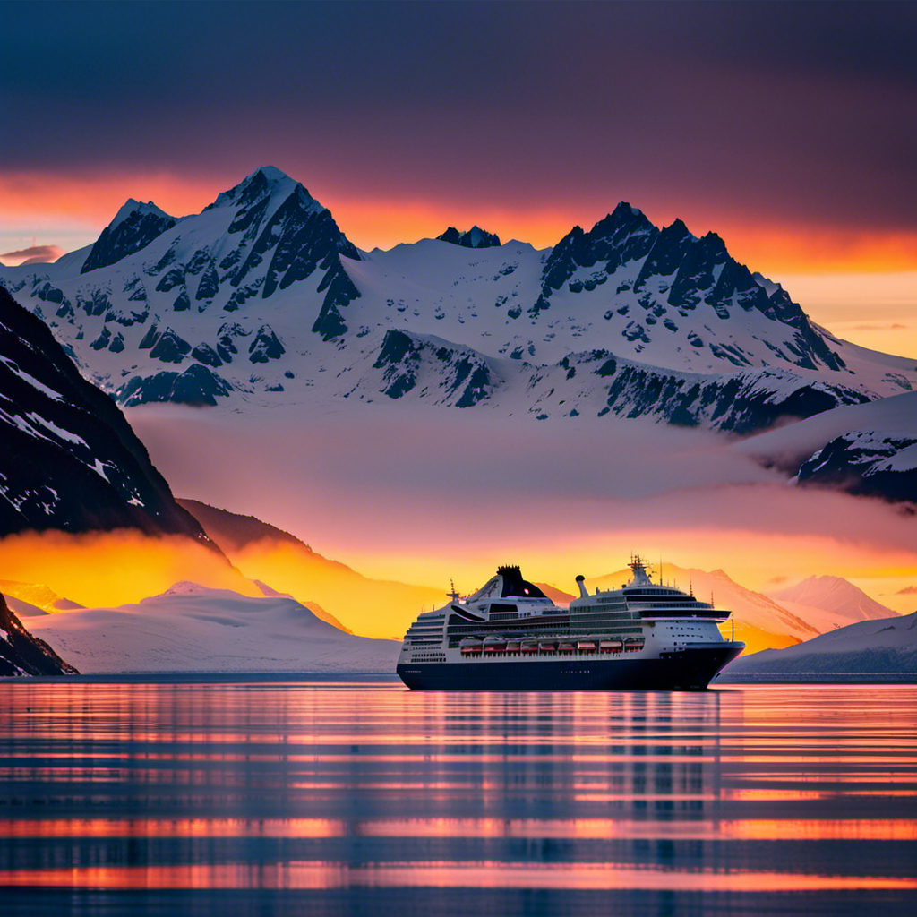 An image showcasing the majestic silhouette of a luxurious Alaska cruise ship gliding through the icy waters of the Inside Passage, surrounded by breathtaking glaciers and snow-capped mountains under the vibrant hues of a mesmerizing sunset