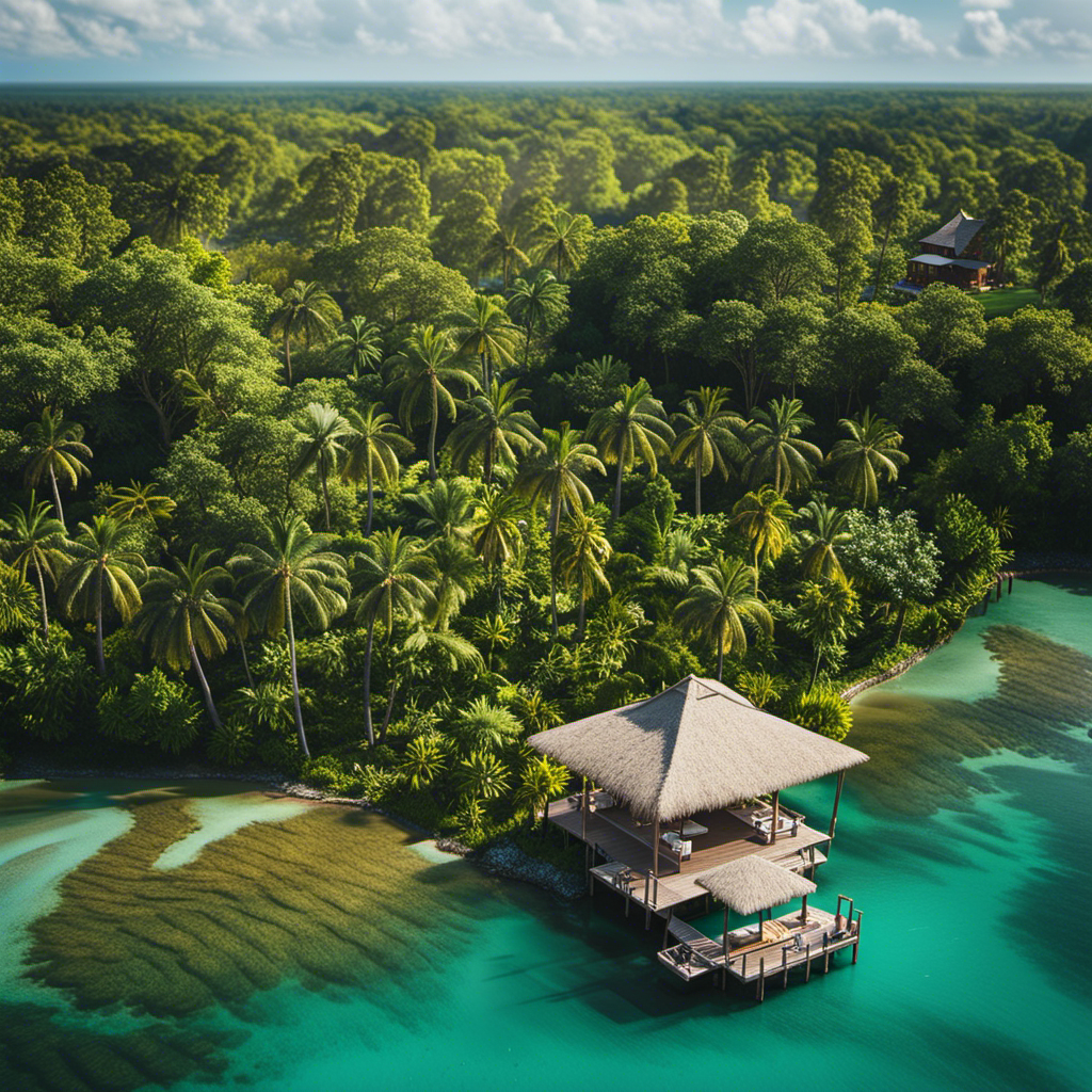 An image that captures the vibrant colors of Harvest Caye's lush rainforest, with towering palm trees, exotic flora, and a crystal-clear river flowing through the dense foliage, showcasing the eco-wonders awaiting exploration