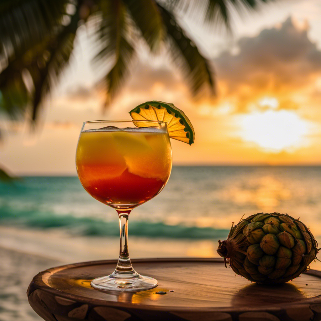 An image showcasing a vibrant Caribbean sunset on a secluded beach, where a glass filled with golden rum stands beside a platter of exotic fruits, while coconut trees sway gently in the warm breeze