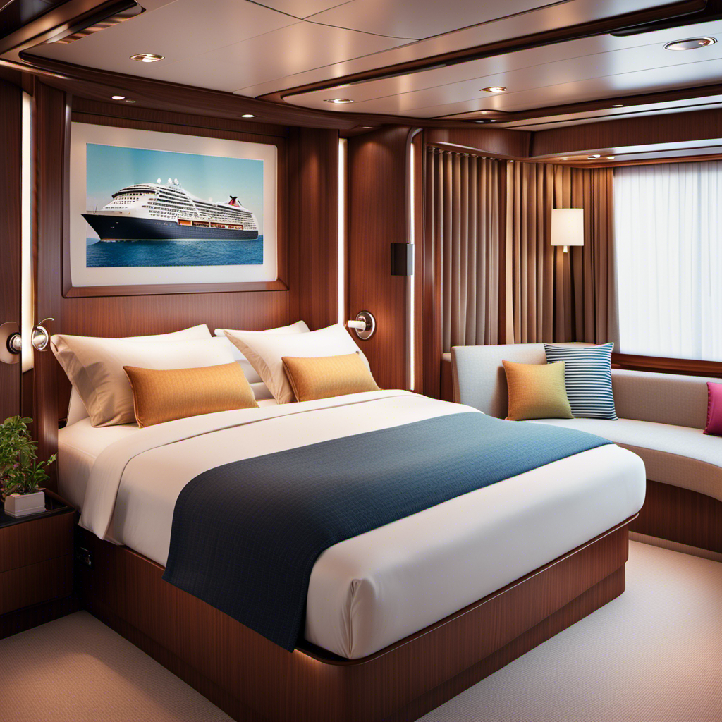 An image showcasing a cozy cruise ship cabin with smart space-saving designs