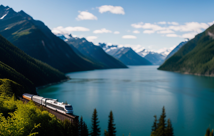 the breathtaking essence of Alaska's wilderness as a Cunard cruise ship majestically glides through serene fjords, while a Rocky Mountaineer train traverses the rugged coastline, offering a spectacular land and sea journey