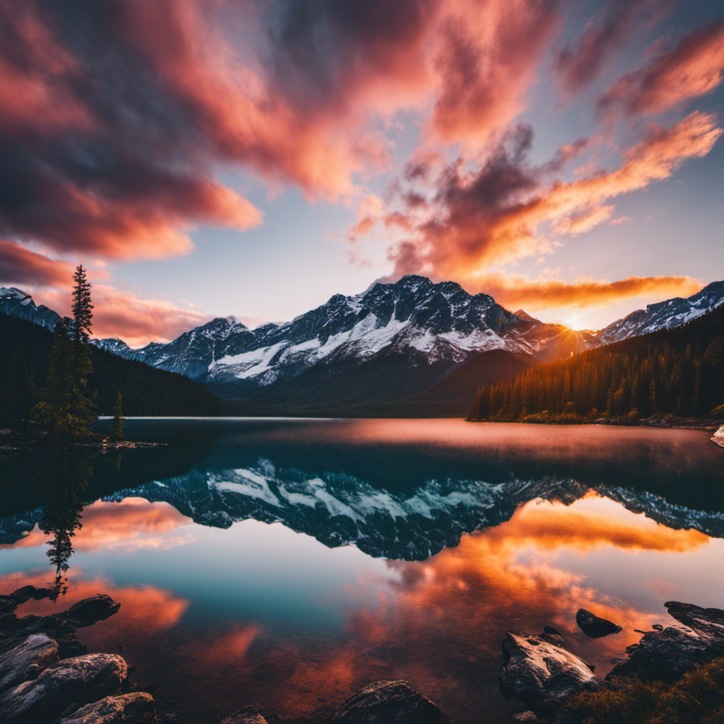 the awe-inspiring Alaskan landscape: A snow-capped mountain range towering over a serene, crystal-clear lake reflecting the vibrant colors of a breathtaking sunset