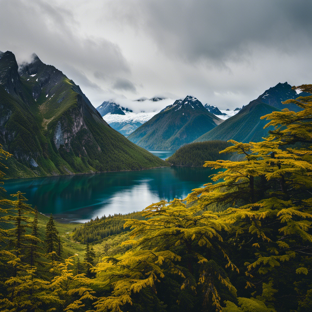 the untamed beauty of Alaska's coastal wilderness, as the National Geographic Quest emerges from the tranquil waters, surrounded by towering fjords, lush forests, and snow-capped mountains that stretch into the horizon