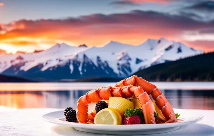 An image of a vibrant plate showcasing local Alaskan delicacies like fresh Alaskan king crab legs, succulent salmon fillets, and wild berry compote, set against a backdrop of snow-capped mountains and a sparkling fjord in Anchorage