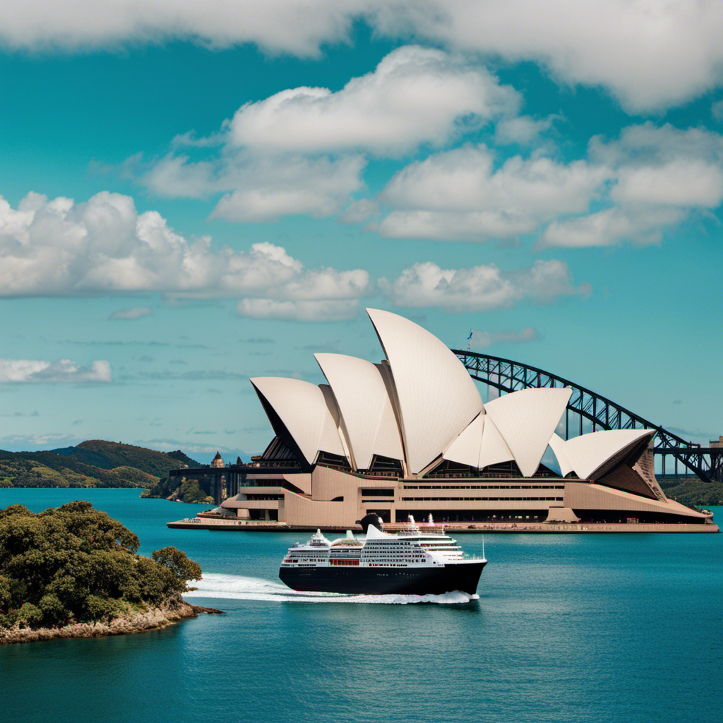 the essence of adventure and natural wonders as a majestic Holland America Line cruise sails through the turquoise waters of the South Pacific, framed by the iconic Sydney Opera House and breathtaking New Zealand landscapes