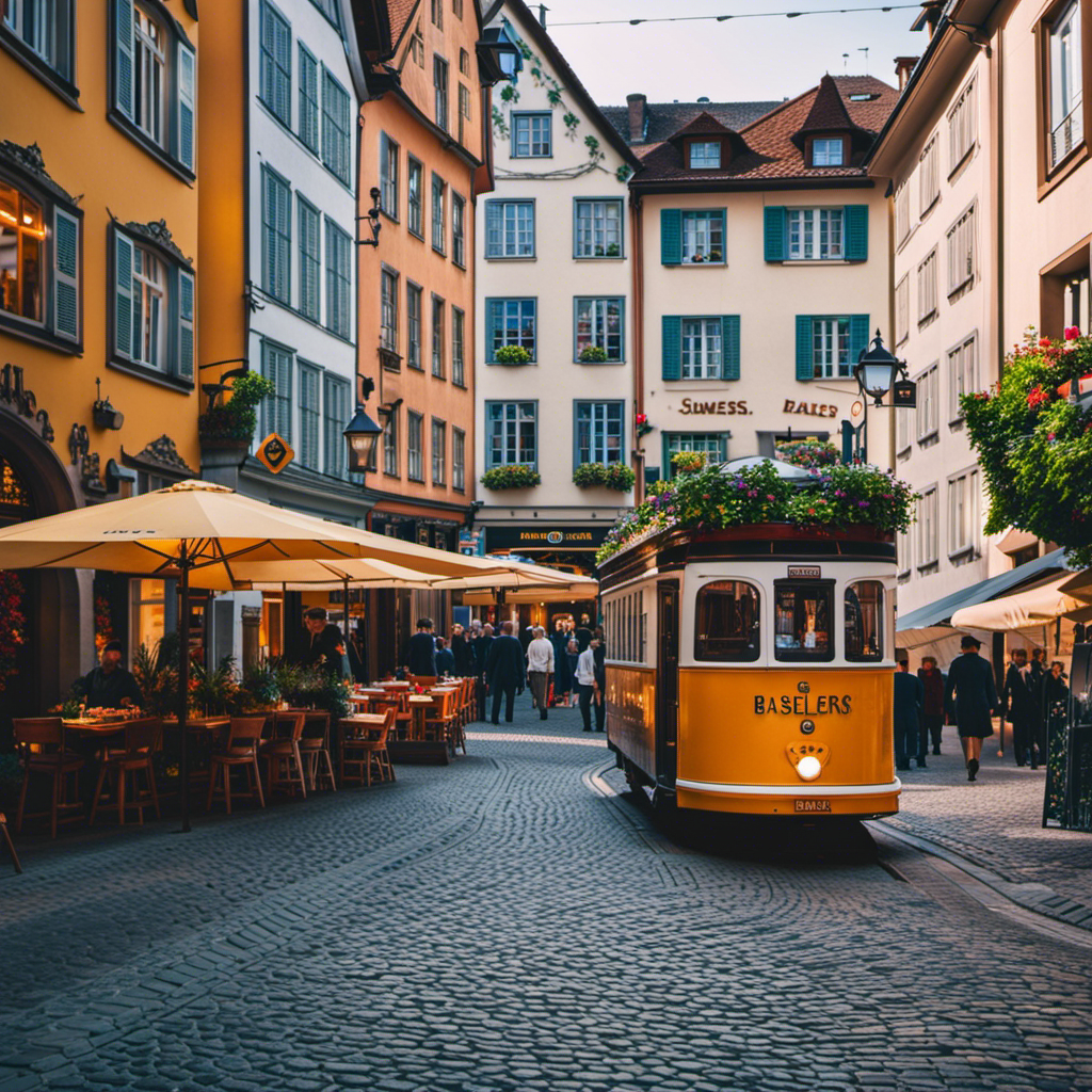 An image featuring a vibrant, bustling street in Basel, Switzerland, with charming cobblestone paths, iconic landmarks like the Basler Münster, artistic sculptures, and lively outdoor cafes serving delectable Swiss cuisine