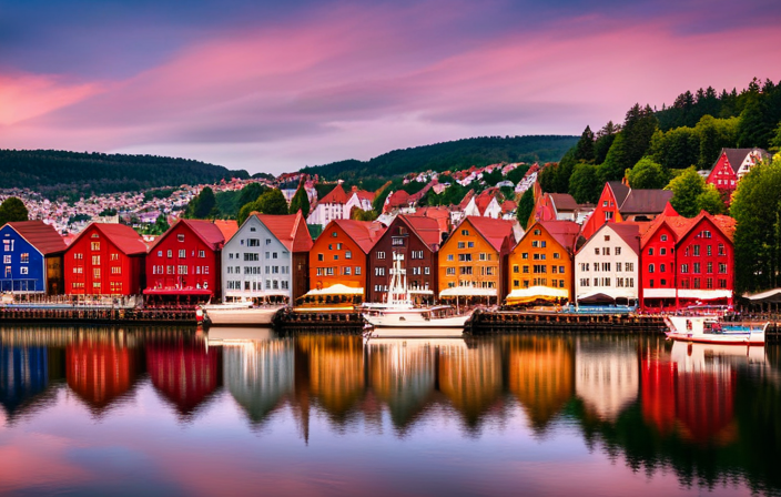 the vibrant charm of Bergen by blending its iconic 14th-century wooden buildings, picturesque waterfront, and bustling fish market against a backdrop of lush green hills and the majestic fjords
