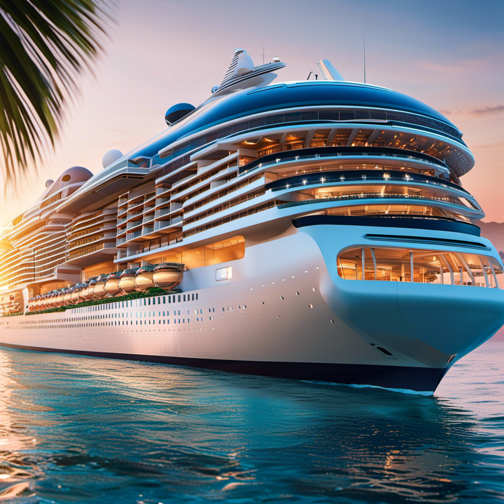 An image of a stunning, futuristic virtual cruise ship, adorned with glass walls revealing breathtaking ocean views, luxurious cabins, vibrant entertainment venues, and a bustling outdoor deck with palm trees and sparkling pools