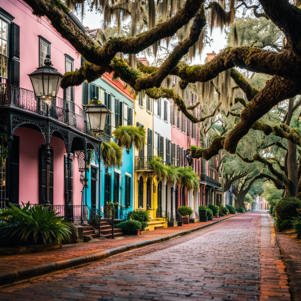 the essence of Charleston's charm in a single frame: a majestic antebellum mansion framed by Spanish moss-draped oak trees, with a vibrant rainbow-hued row of historic houses lining the cobblestone street in the foreground