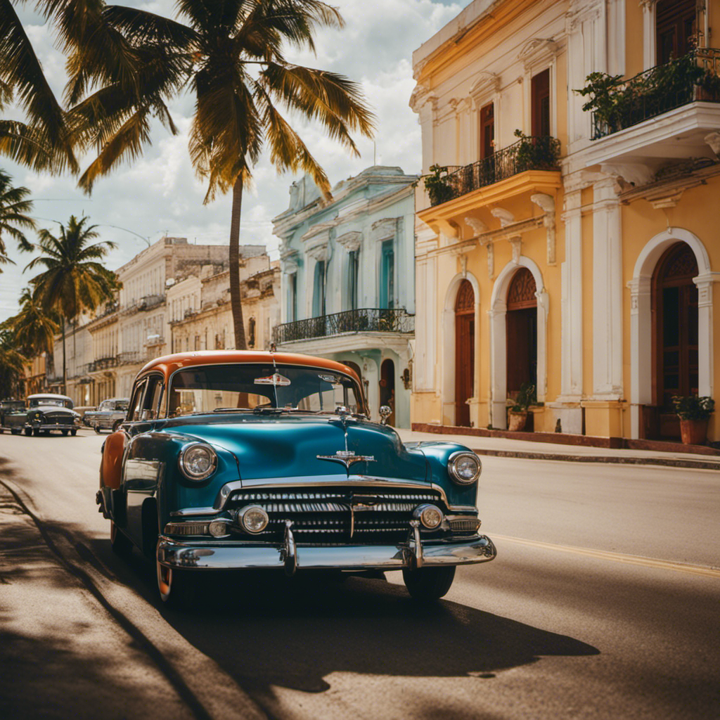 the vibrant essence of Cuba aboard the Norwegian Sun: a sun-soaked coastline dotted with colorful, colonial-era buildings, palm trees swaying in the gentle sea breeze, and vintage American cars cruising along the streets