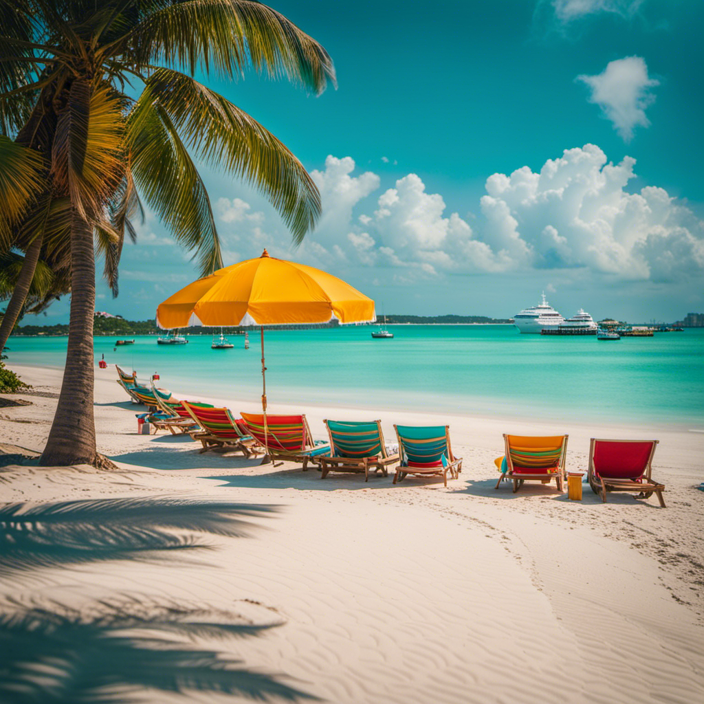 An image showcasing the vibrant essence of Freeport: a sun-kissed beach adorned with colorful umbrellas, crystal-clear turquoise waters gently lapping the shore, as locals savoring delectable tropical fruits and sizzling seafood delicacies nearby