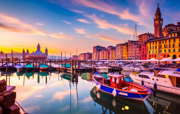 the vibrant essence of Genoa's port in a single image: A bustling waterfront lined with colorful fishing boats, a lively promenade filled with locals and tourists, and the majestic silhouette of ancient maritime architecture towering in the background