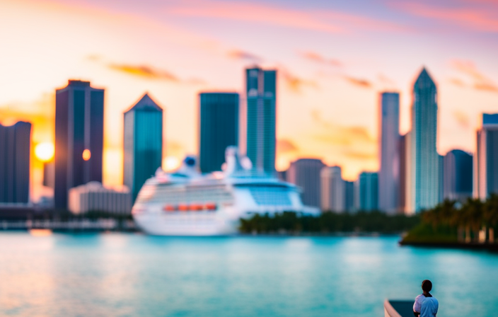 An image capturing the vibrant skyline of Miami, with a luxurious cruise ship docked in the foreground