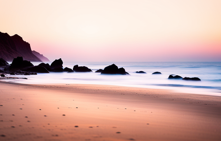 An image capturing the ethereal beauty of Namibia's Skeleton Coast: the vast, desolate dunes blending with the misty ocean horizon, a shipwreck silhouetted against the golden sunset, and a lone seal basking on the rocky shore