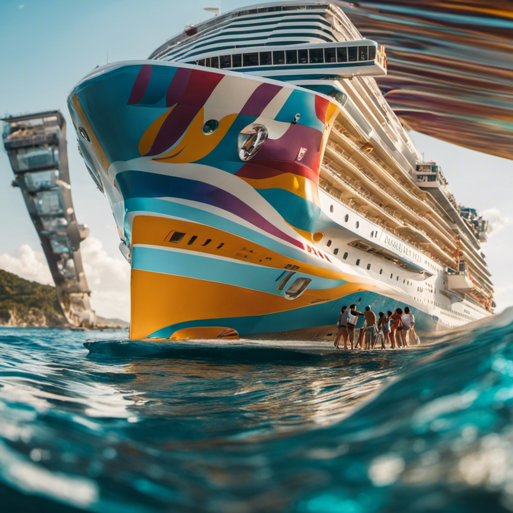 An image of a majestic cruise ship, adorned with vibrant colors and intricate designs, sailing through crystal-clear waters